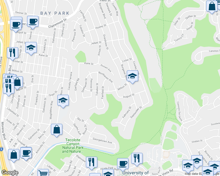 map of restaurants, bars, coffee shops, grocery stores, and more near 2205 Milton Court in San Diego