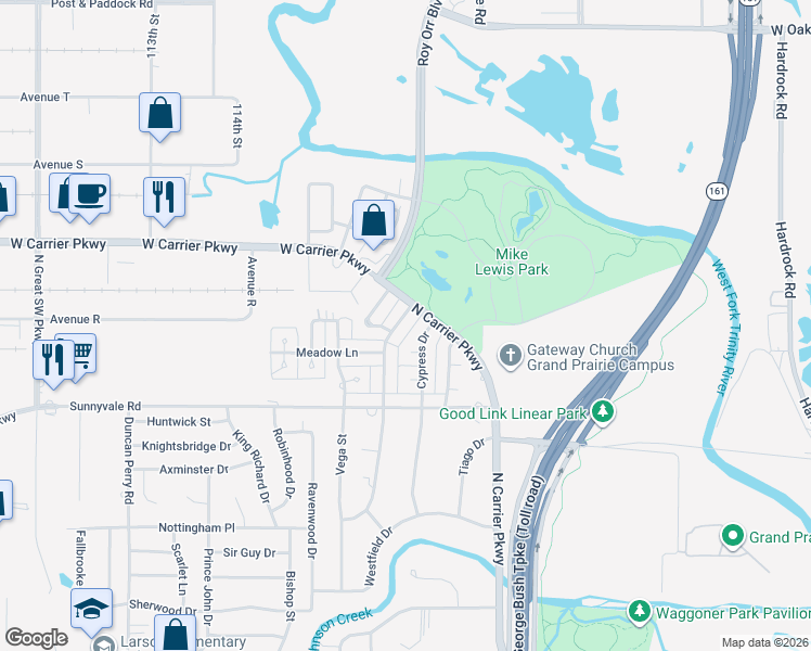 map of restaurants, bars, coffee shops, grocery stores, and more near 2518 Ingleside Dr in Grand Prairie