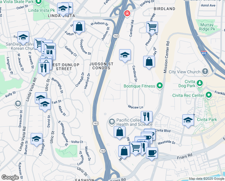 map of restaurants, bars, coffee shops, grocery stores, and more near 7625 Teebird Lane in San Diego