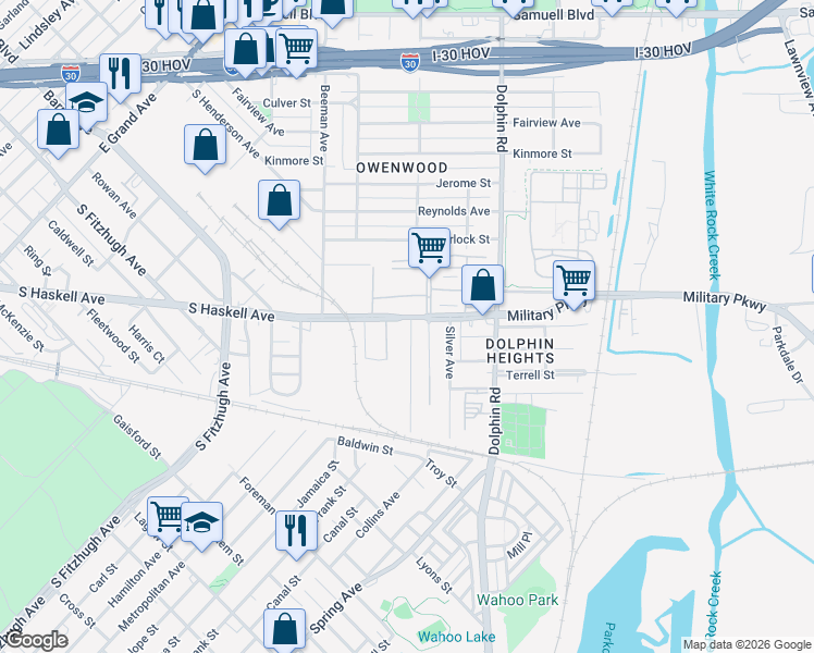 map of restaurants, bars, coffee shops, grocery stores, and more near 3133 South Haskell Avenue in Dallas