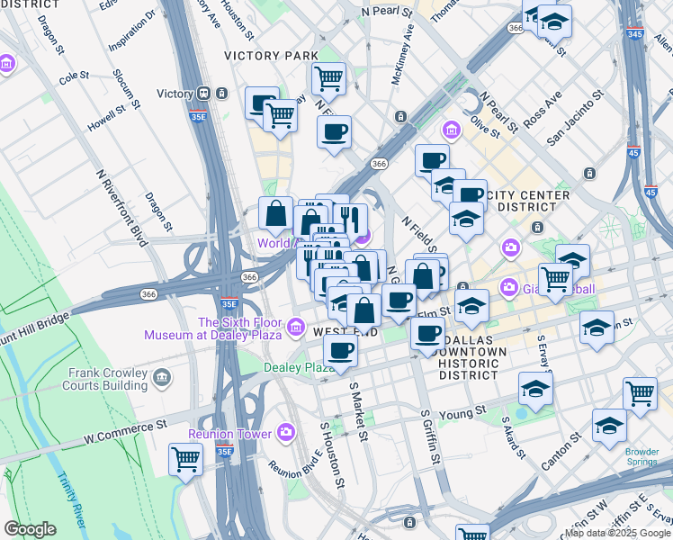 map of restaurants, bars, coffee shops, grocery stores, and more near Corbin Street in Dallas