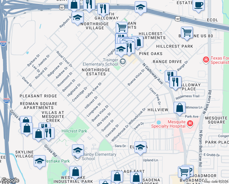 map of restaurants, bars, coffee shops, grocery stores, and more near 1602 Longview Street in Mesquite