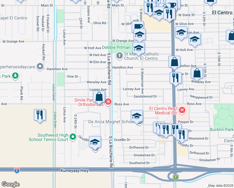 map of restaurants, bars, coffee shops, grocery stores, and more near 1946 Sandalwood Drive in El Centro