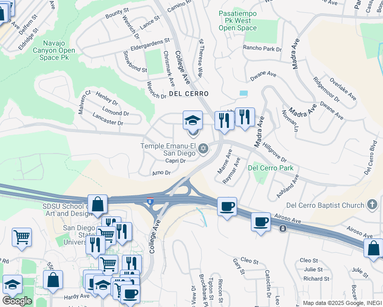 map of restaurants, bars, coffee shops, grocery stores, and more near 6241 Del Cerro Boulevard in San Diego