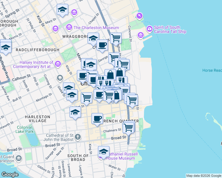 map of restaurants, bars, coffee shops, grocery stores, and more near 22 Anson Street in Charleston
