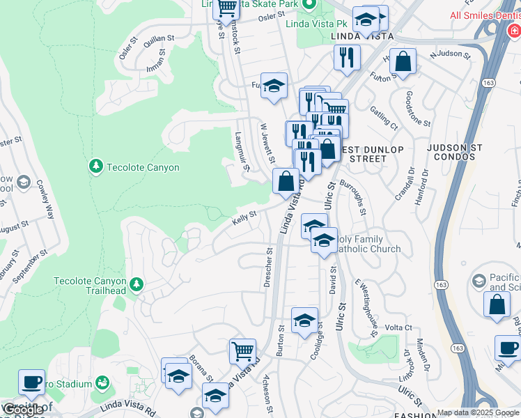 map of restaurants, bars, coffee shops, grocery stores, and more near 6736 Kelly Street in San Diego