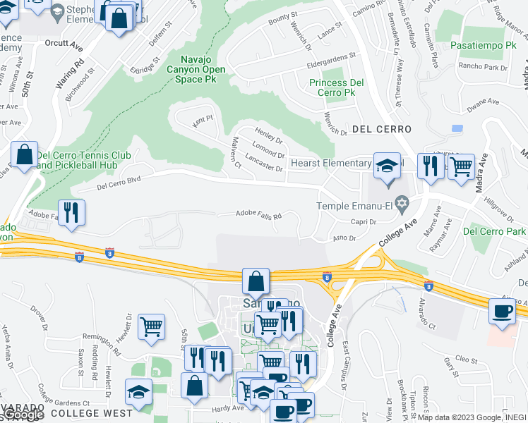 map of restaurants, bars, coffee shops, grocery stores, and more near 5956 Adobe Falls Road in San Diego