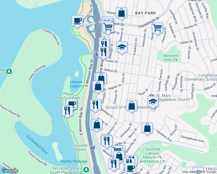 map of restaurants, bars, coffee shops, grocery stores, and more near 4228 Napier Street in San Diego