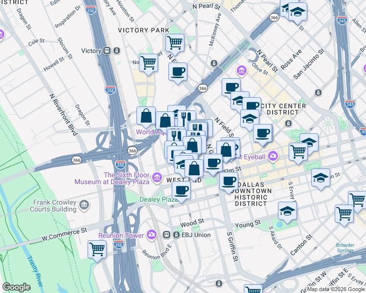 map of restaurants, bars, coffee shops, grocery stores, and more near 1801 North Lamar Street in Dallas