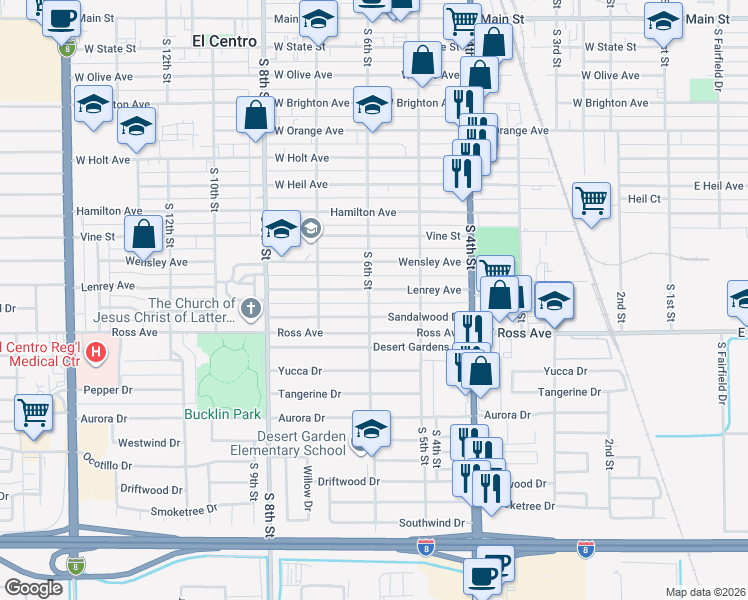 map of restaurants, bars, coffee shops, grocery stores, and more near 1115 South 6th Street in El Centro