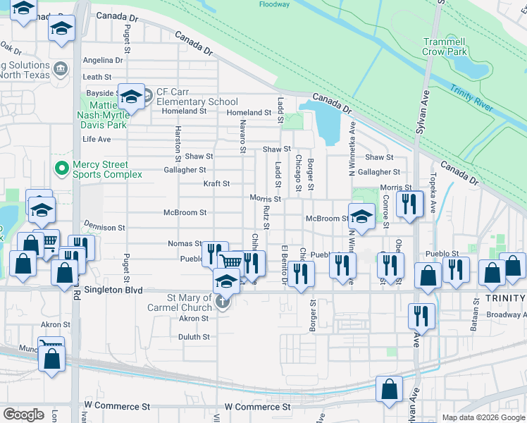 map of restaurants, bars, coffee shops, grocery stores, and more near 1518 McBroom Street in Dallas