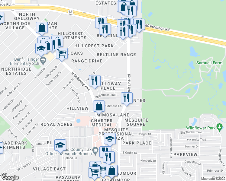 map of restaurants, bars, coffee shops, grocery stores, and more near 1401 Del Rio Drive in Mesquite