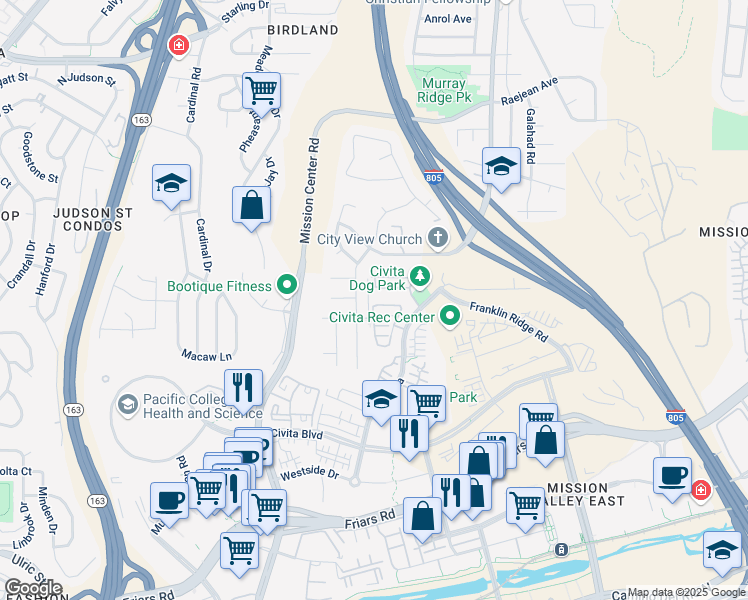 map of restaurants, bars, coffee shops, grocery stores, and more near 2543 Aperture Circle in San Diego