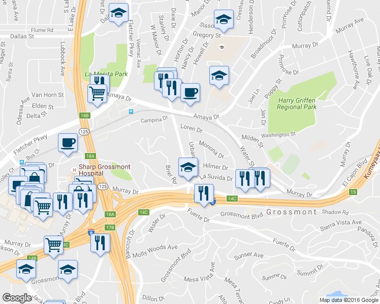 map of restaurants, bars, coffee shops, grocery stores, and more near 5730 Urban Drive in La Mesa