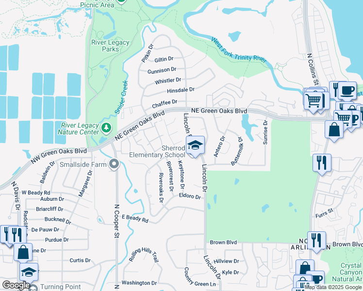 map of restaurants, bars, coffee shops, grocery stores, and more near 603 Sunlight Drive in Arlington