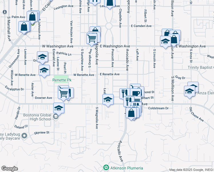 map of restaurants, bars, coffee shops, grocery stores, and more near 989 Leslie Road in El Cajon