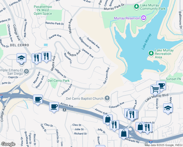 map of restaurants, bars, coffee shops, grocery stores, and more near 5838 Yokohama Court in San Diego