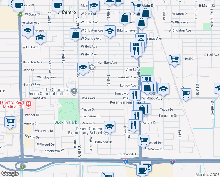 map of restaurants, bars, coffee shops, grocery stores, and more near 1115 South 6th Street in El Centro