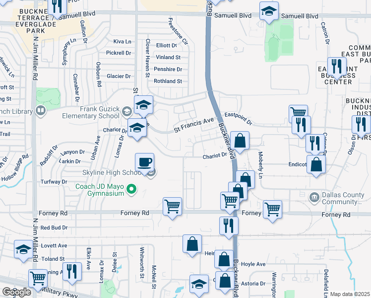 map of restaurants, bars, coffee shops, grocery stores, and more near 8001 Rothington Road in Dallas