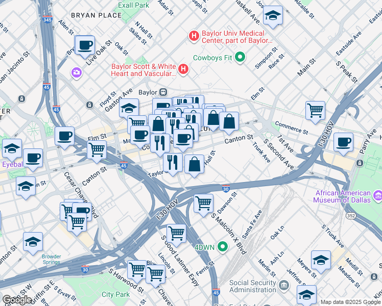 map of restaurants, bars, coffee shops, grocery stores, and more near 300 South Walton Street in Dallas