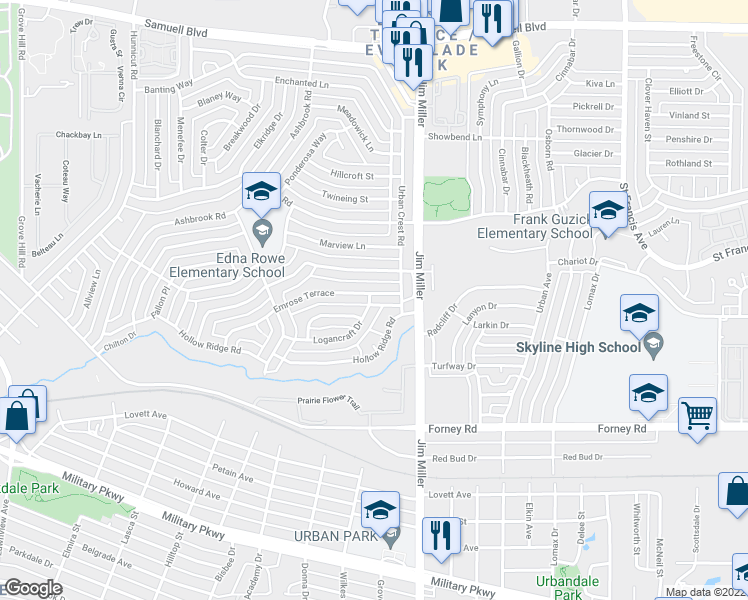 map of restaurants, bars, coffee shops, grocery stores, and more near 5824 Emrose Terrace in Dallas