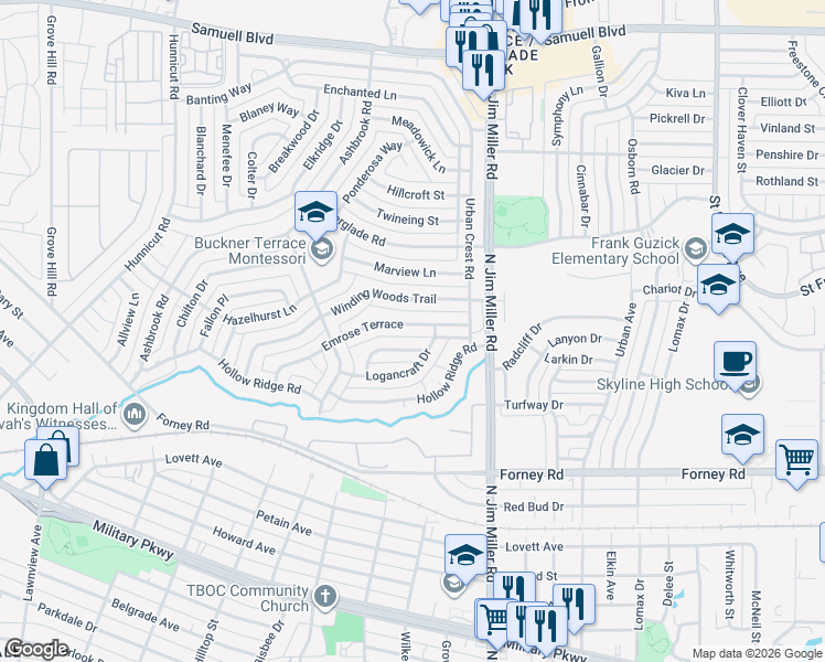 map of restaurants, bars, coffee shops, grocery stores, and more near 5808 Emrose Terrace in Dallas