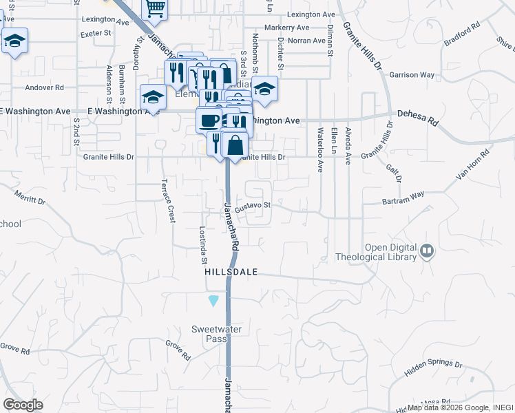 map of restaurants, bars, coffee shops, grocery stores, and more near 1539 Gustavo Street in El Cajon
