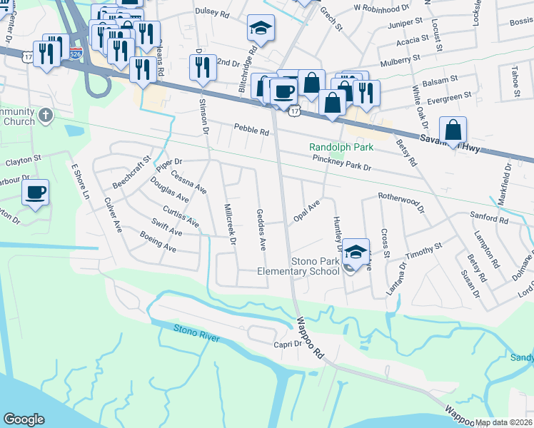 map of restaurants, bars, coffee shops, grocery stores, and more near 403 Wappoo Road in Charleston