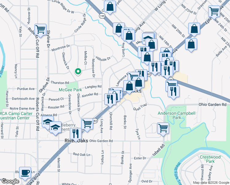 map of restaurants, bars, coffee shops, grocery stores, and more near 4604 Almena Road in River Oaks