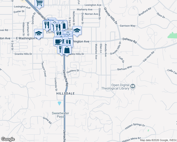 map of restaurants, bars, coffee shops, grocery stores, and more near 1580 Gustavo Street in El Cajon