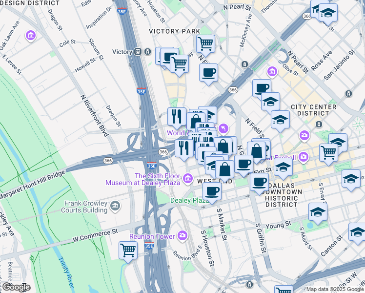 map of restaurants, bars, coffee shops, grocery stores, and more near 2400 N Houston St in Dallas