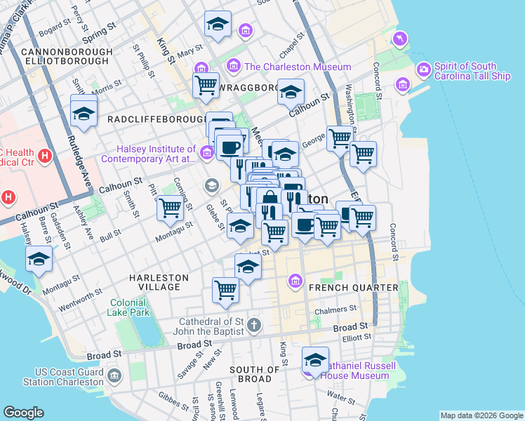 map of restaurants, bars, coffee shops, grocery stores, and more near 71 Wentworth Street in Charleston