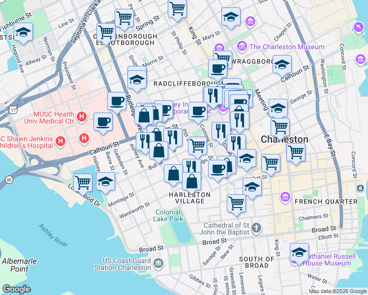 map of restaurants, bars, coffee shops, grocery stores, and more near 52 Bull Street in Charleston