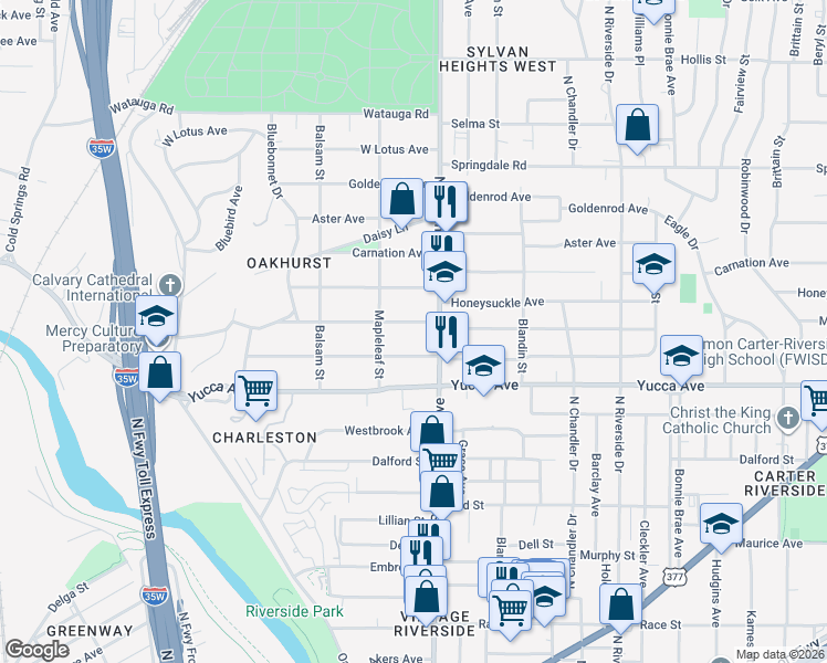 map of restaurants, bars, coffee shops, grocery stores, and more near 2524 Marigold Ave in Fort Worth
