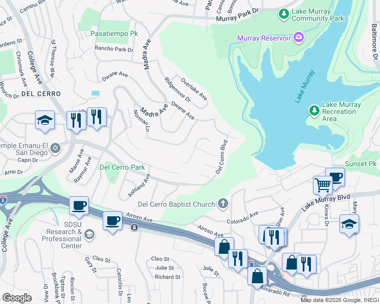map of restaurants, bars, coffee shops, grocery stores, and more near 5828 Yokohama Court in San Diego