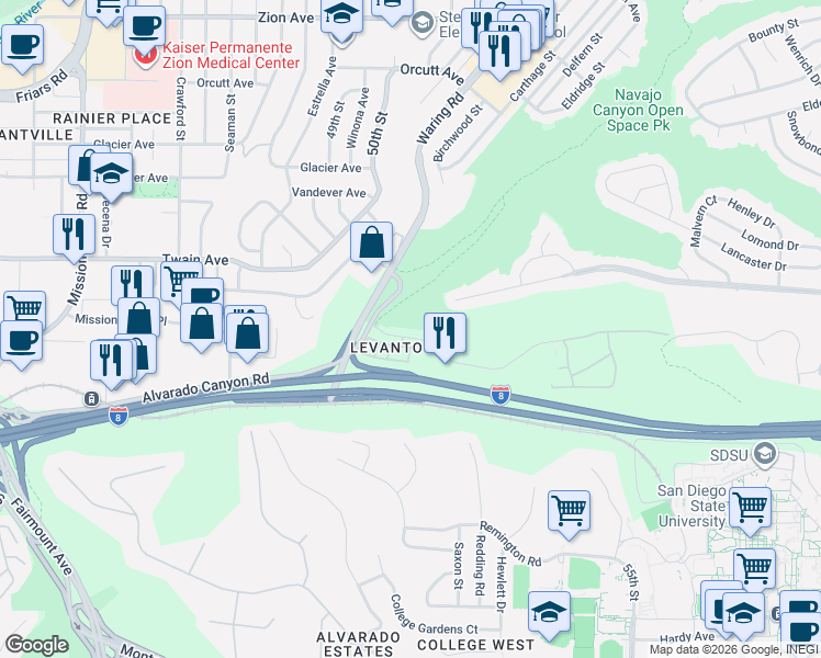 map of restaurants, bars, coffee shops, grocery stores, and more near 5374 Adobe Falls Road in San Diego