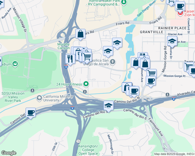 map of restaurants, bars, coffee shops, grocery stores, and more near 5999 Rancho Mission Road in San Diego