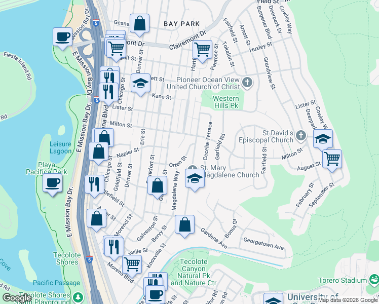 map of restaurants, bars, coffee shops, grocery stores, and more near 4737 Orten Street in San Diego