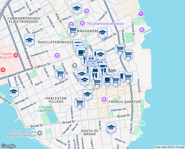 map of restaurants, bars, coffee shops, grocery stores, and more near 71 Wentworth Street in Charleston