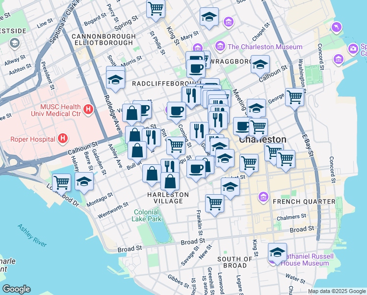map of restaurants, bars, coffee shops, grocery stores, and more near 34 Pitt Street in Charleston