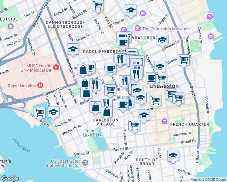 map of restaurants, bars, coffee shops, grocery stores, and more near 34 Pitt Street in Charleston