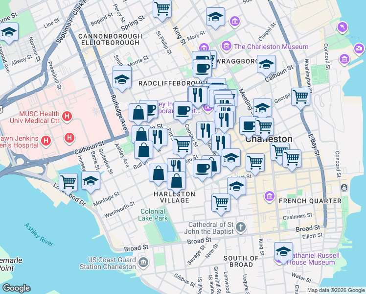 map of restaurants, bars, coffee shops, grocery stores, and more near 34 Pitt Street in Charleston