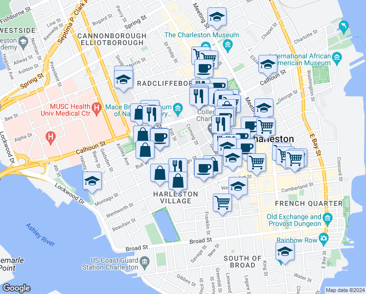 map of restaurants, bars, coffee shops, grocery stores, and more near 34 Pitt Street in Charleston