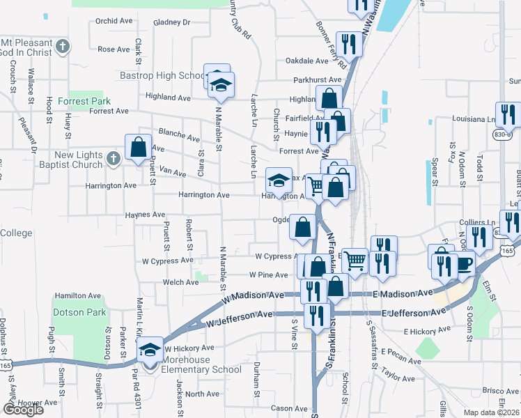 map of restaurants, bars, coffee shops, grocery stores, and more near 301-399 Ogden Avenue in Bastrop