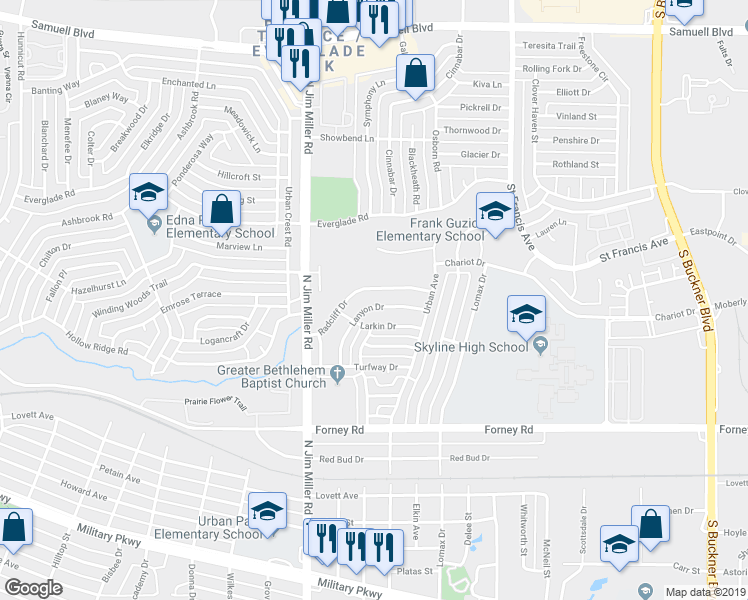 map of restaurants, bars, coffee shops, grocery stores, and more near 7121 Lanyon Drive in Dallas