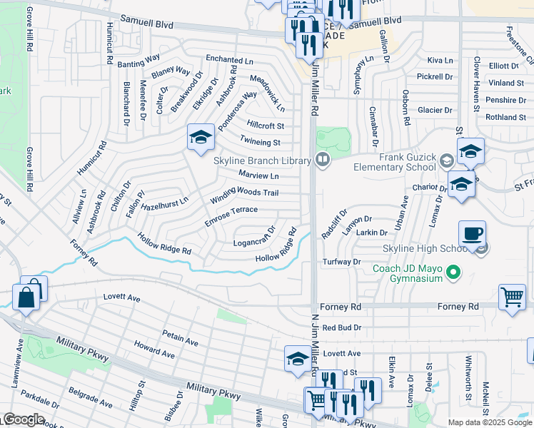 map of restaurants, bars, coffee shops, grocery stores, and more near 5743 Russcrest Drive in Dallas