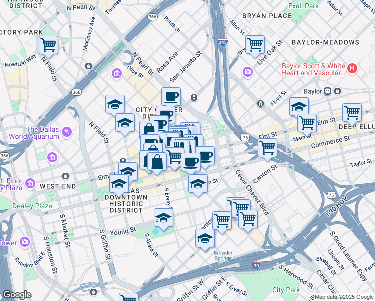map of restaurants, bars, coffee shops, grocery stores, and more near 1916 Elm Street in Dallas