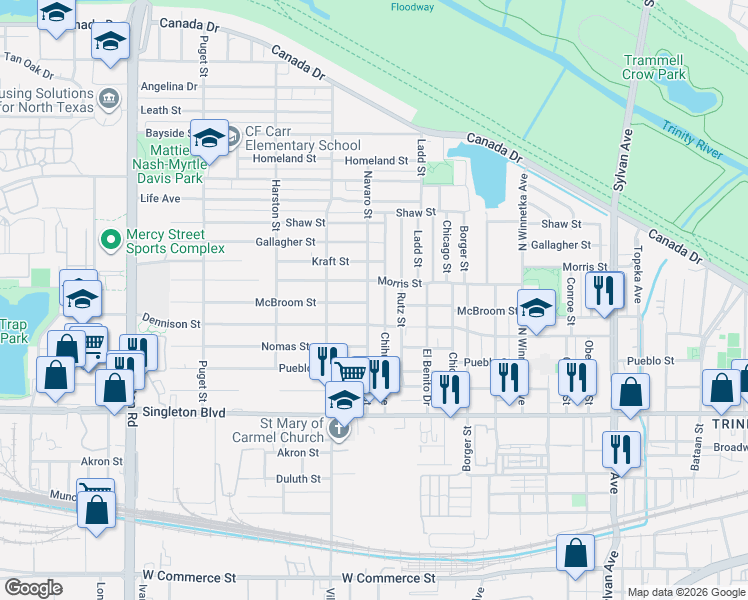 map of restaurants, bars, coffee shops, grocery stores, and more near 3322 Navaro Street in Dallas