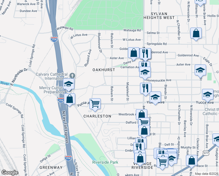 map of restaurants, bars, coffee shops, grocery stores, and more near 2212 Marigold Avenue in Fort Worth