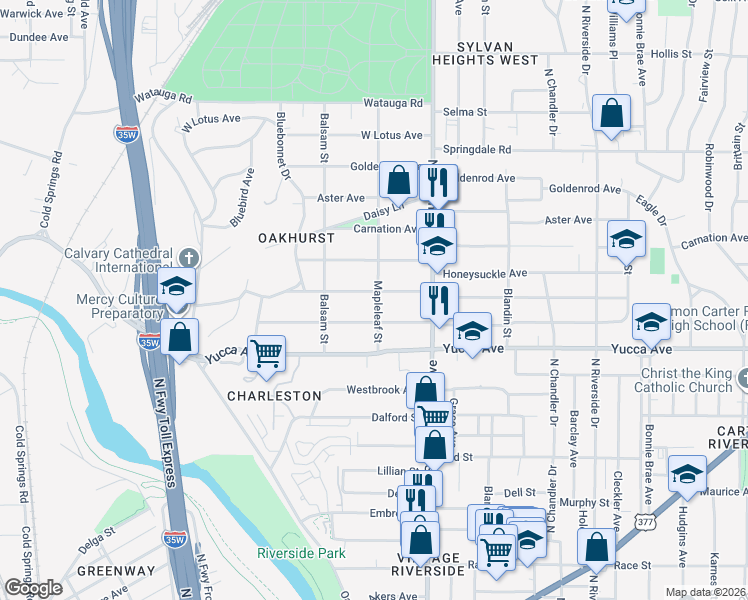 map of restaurants, bars, coffee shops, grocery stores, and more near 2340 Marigold Avenue in Fort Worth